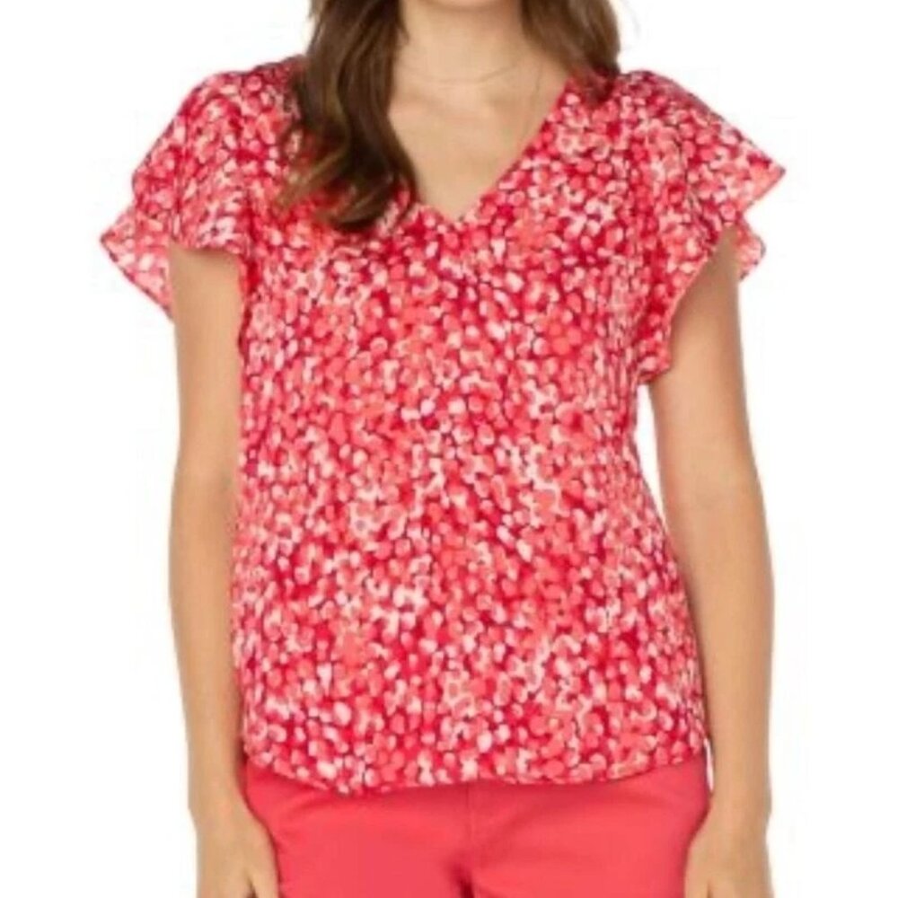 Liverpool Los Angeles Petite V-Neck Flutter Sleeve Blouse Top Shirt Watermelon